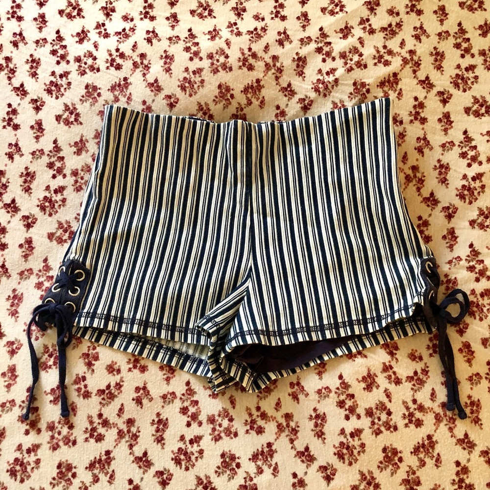 Free People Navy Striped High Waisted Shorts